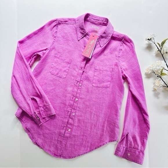 Lilly Pulitzer Sea View Linen Button Down Top Amethyst Shirt - Picture 5 of 9